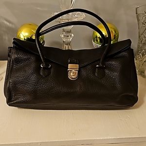 Authentic Ginny's Designer Black Locked Leather Satchel w/Key, Double Handles